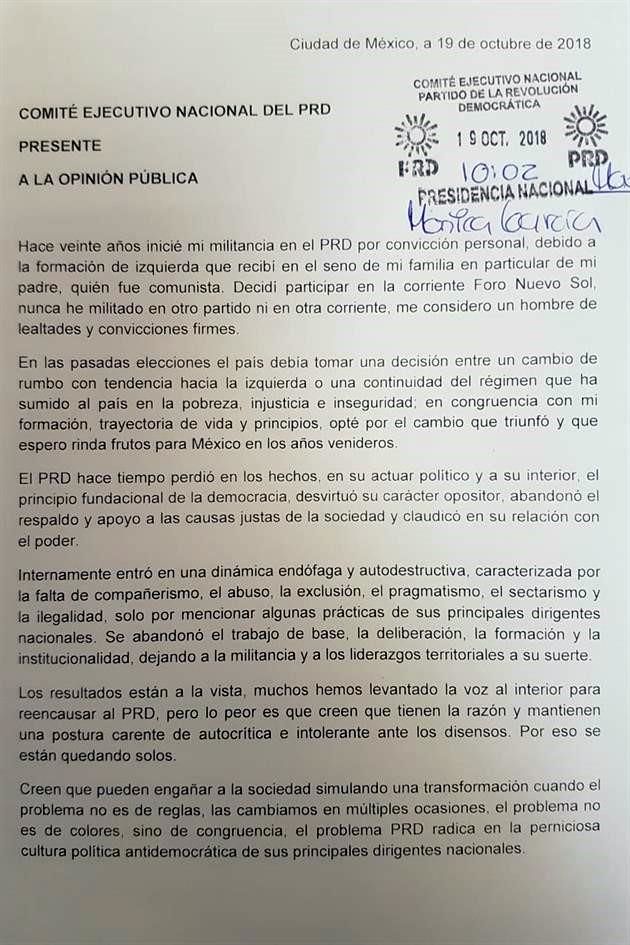 Renuncia Aguilar García al PRD