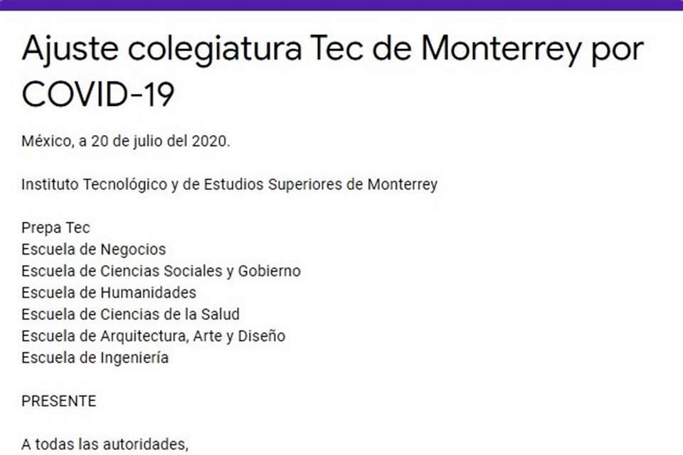 Piden al Tec bajar colegiaturas