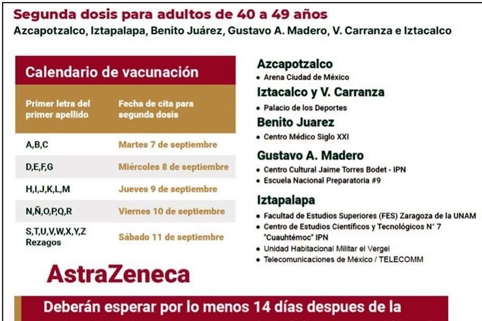 Aplicarán segundas dosis a los de 40 en 6 alcaldías