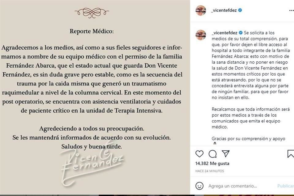Reportan que Vicente Fernández está grave pero estable
