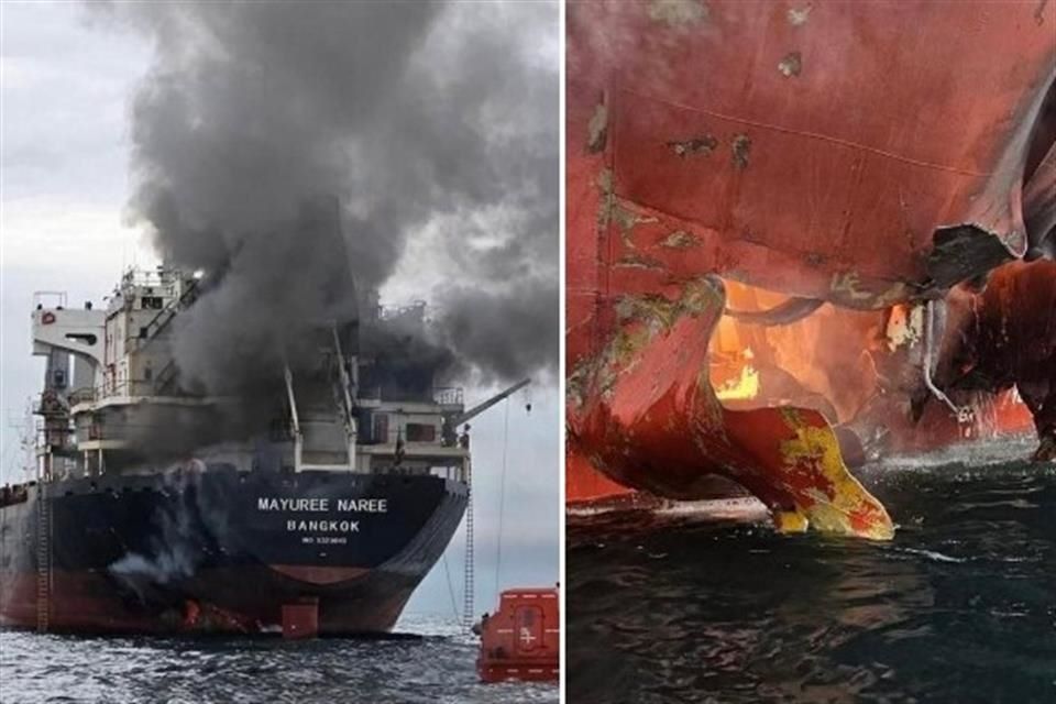 El buque de carga seca Mayuree Naree, con bandera tailandesa, fue alcanzado mientras navegaba por el estrecho, lo que provocó un incendio y daños en la sala de máquinas.