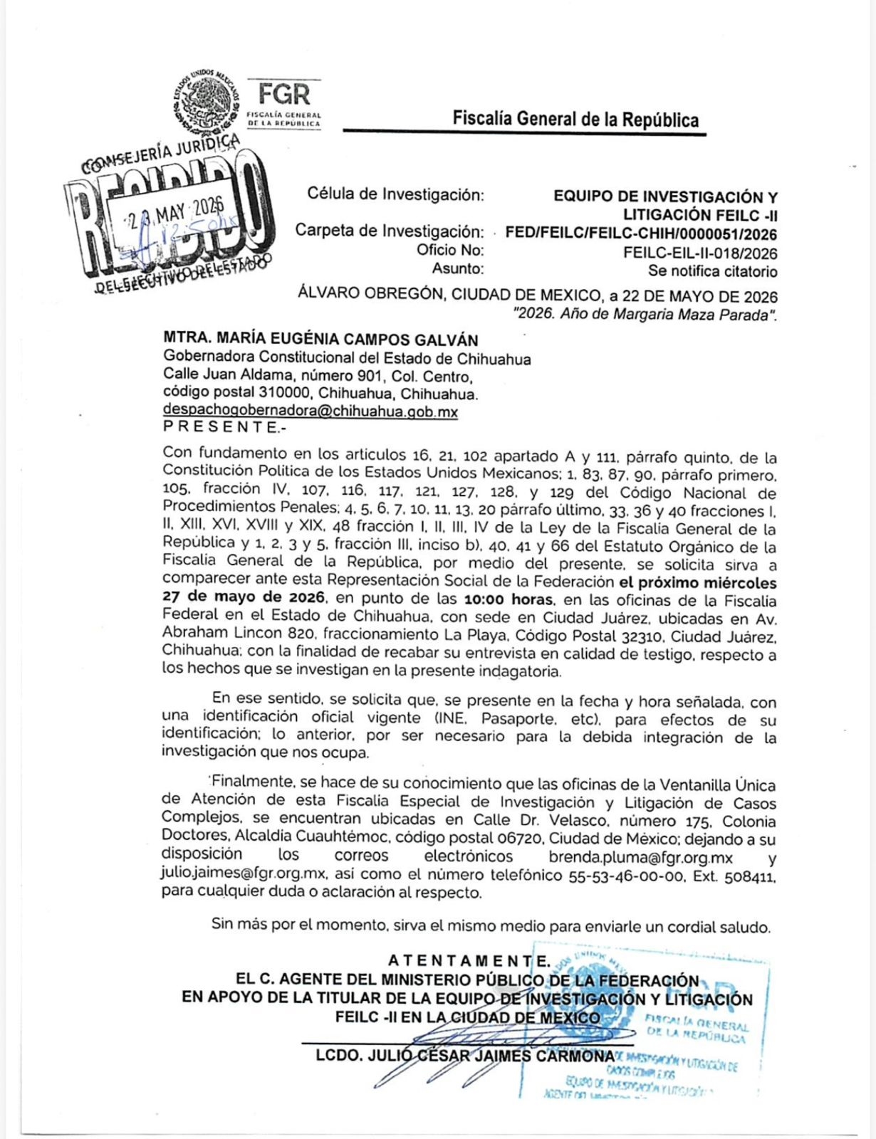 Cita FGR a comparecer a Maru Campos por agentes de EU